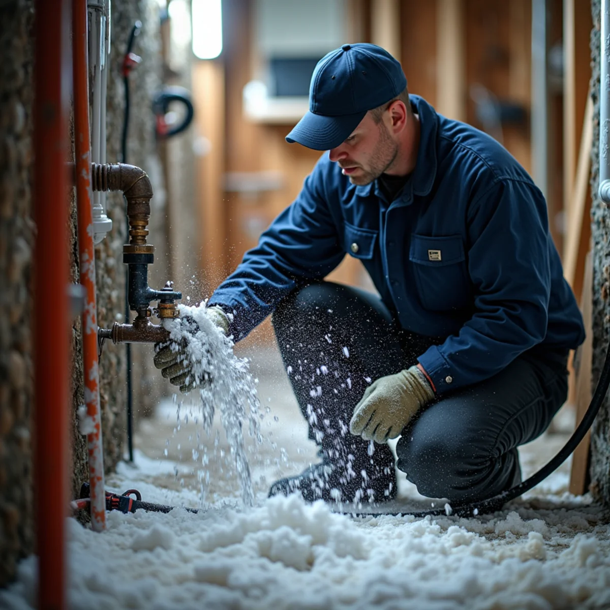 Water spraying from a burst pipe in a Long Island basement in winter