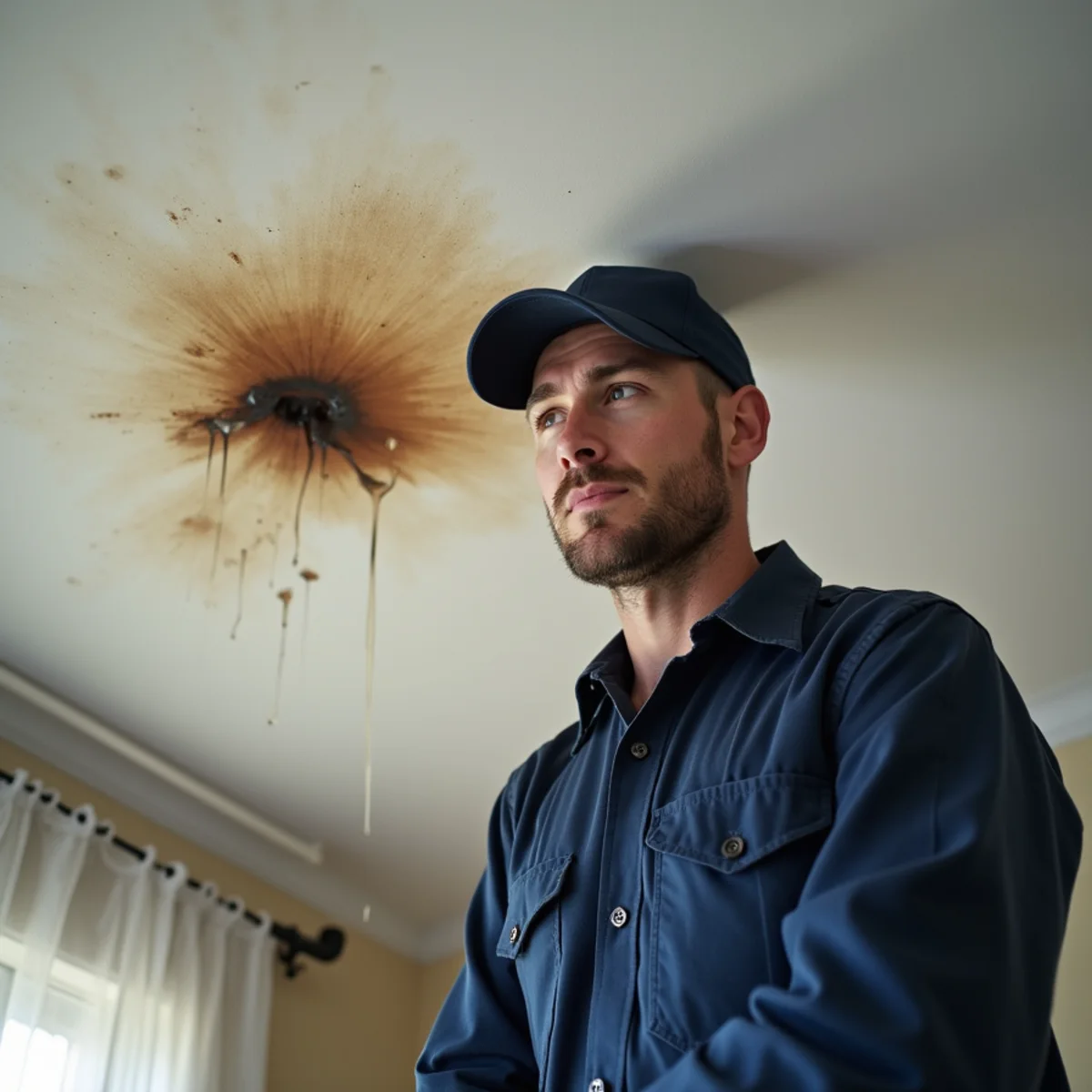 Water stain from a hidden leak on the ceiling of an older Long Island home