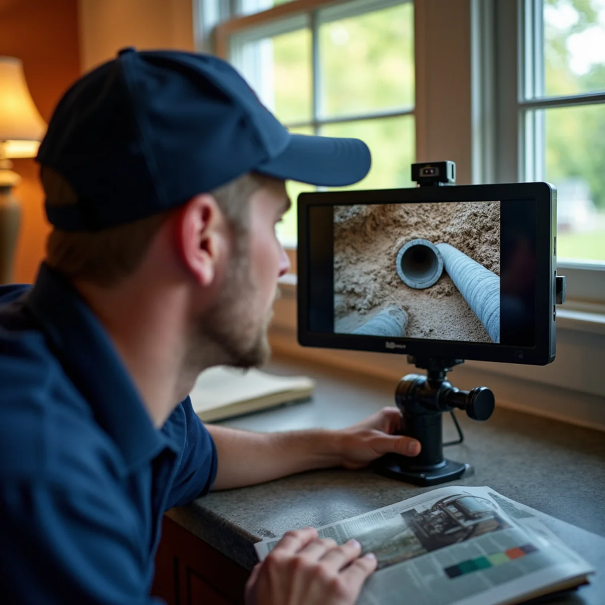 Sewer camera inspection identifying root intrusion in Smithtown, NY